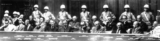 The 21 defendants in the dock at the International Military Tribunal, Nuremberg